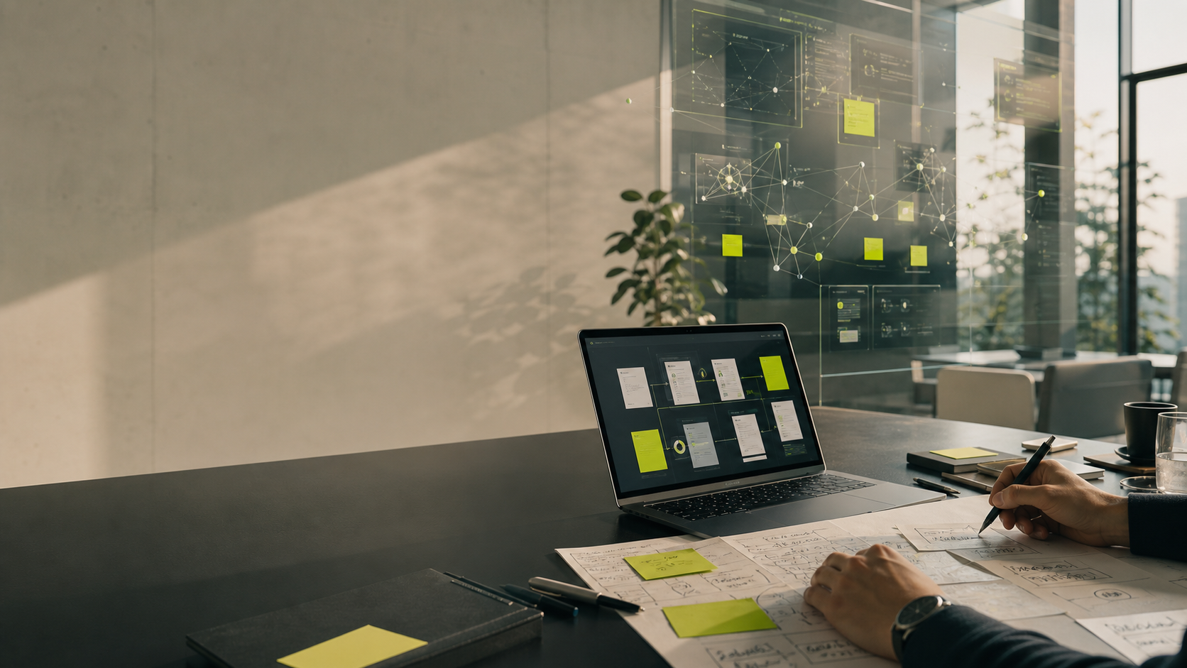 Moderner Strategiearbeitsplatz mit KI-Marketing Materialien